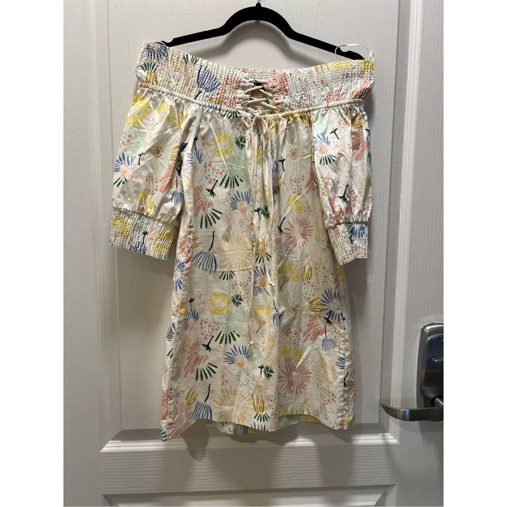 Zara Floral Multicolor Smocked Off-The-Shoulder Mini Dress - size S - Picture 9 of 10